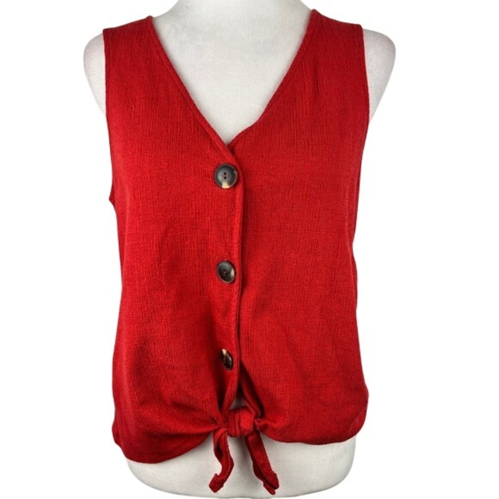 Old Navy Tie Front Top Medium Earthy Buttons Red Textured Knit Autumn Transition